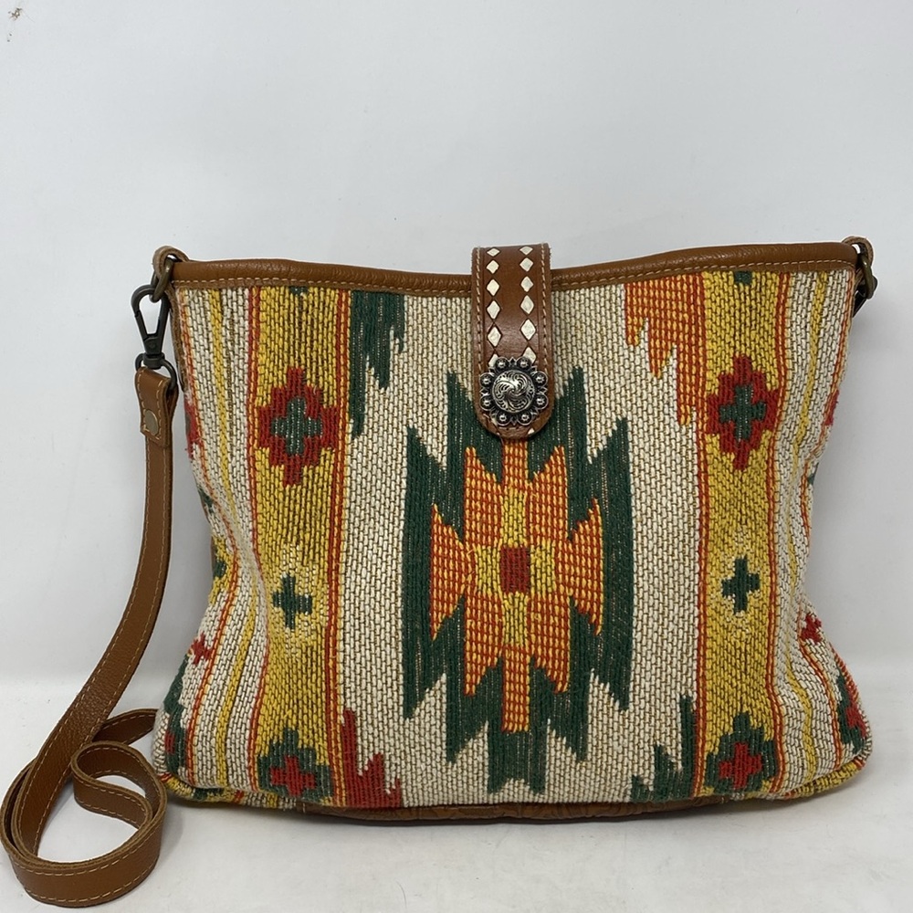 Myra Bag Southwest Textile Leather Silver Medallion Crossbody Bag